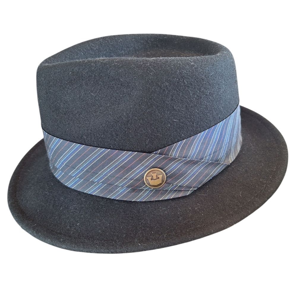 Men's Goorin Bros Wool Short Brim Fedora Hat LARGE Black with Striped Ribbon